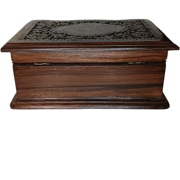 Handcarved Wood Jewlery Box Inlaid Ornate Floral Design - Picture 5 of 12